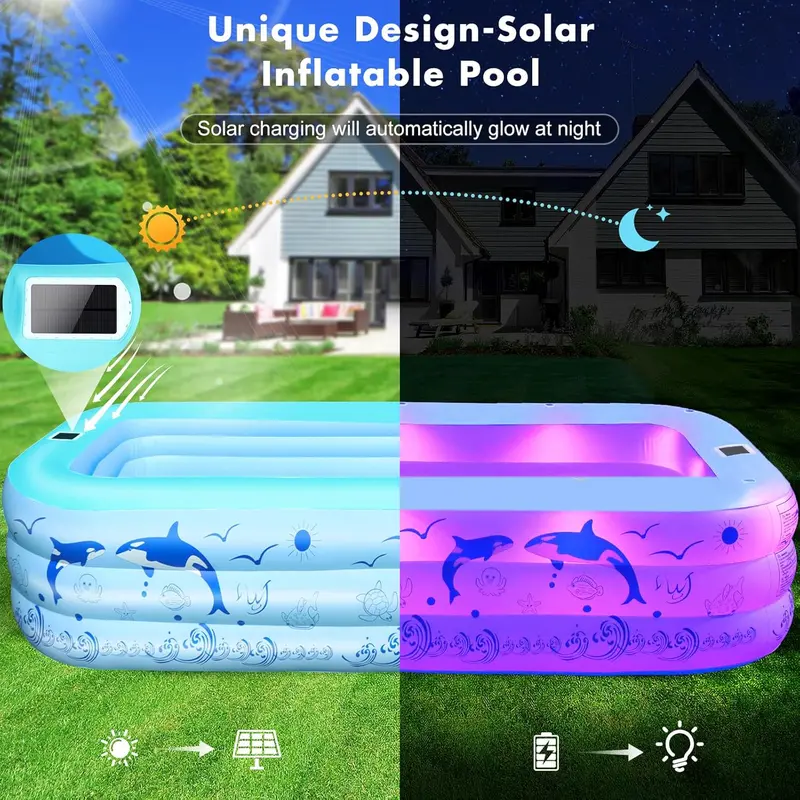 2026 Solar-Powered Inflatable Pool – Upgraded Lighted Backyard Pool with Reinforced Walls for Adults and Kids (Light Blue Finish)