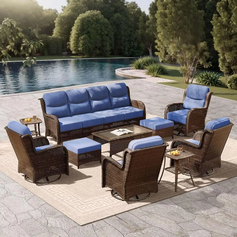 3-Piece Swivel Rocker Patio Set – All-Weather Wicker Furniture with Plush Cushions and Matching Side Table (Blue) 2