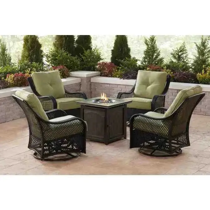 5-Piece Steel Fire Pit Conversation Set – Swiveling Glider Chairs, Square Center Table, and Navy Blue Cushioned Seating