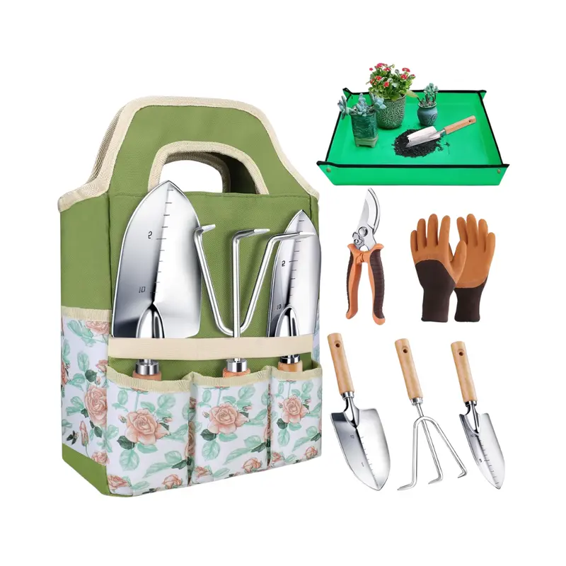 8-Piece Lightweight Aluminum Garden Tool Set with Durable Carry Tote and Protective Gloves