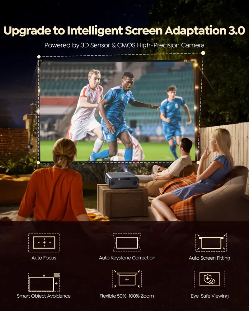 All-Weather Smart Projector Optimized for Outdoor Use — 4K Playback, Licensed Apps, and Dual-Band WiFi/Bluetooth