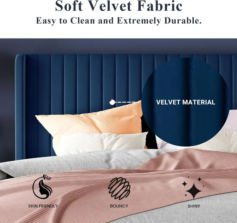Allewie Full-Size Velvet Wingback Bed – Channel-Tufted Fabric Frame with Sculpted Vertical Winged Headboard