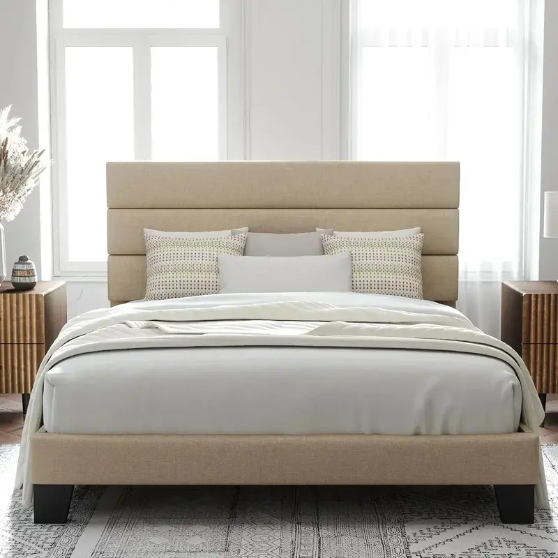 Allewie King-Size Platform Bed Frame – Velvet-Upholstered Headboard with Reinforced Solid Wood Slats