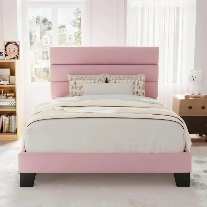 Allewie Queen Platform Bed Frame with Upholstered Headboard and Reinforced Solid Wood Slats