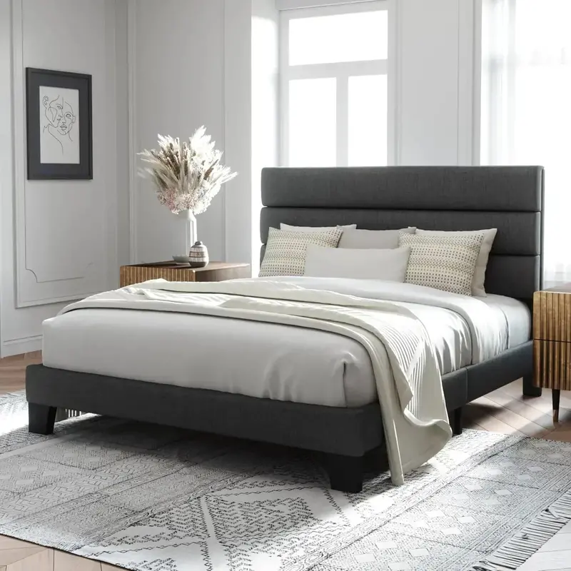 Allewie Queen Platform Bed Frame with Upholstered Headboard and Reinforced Solid Wood Slats