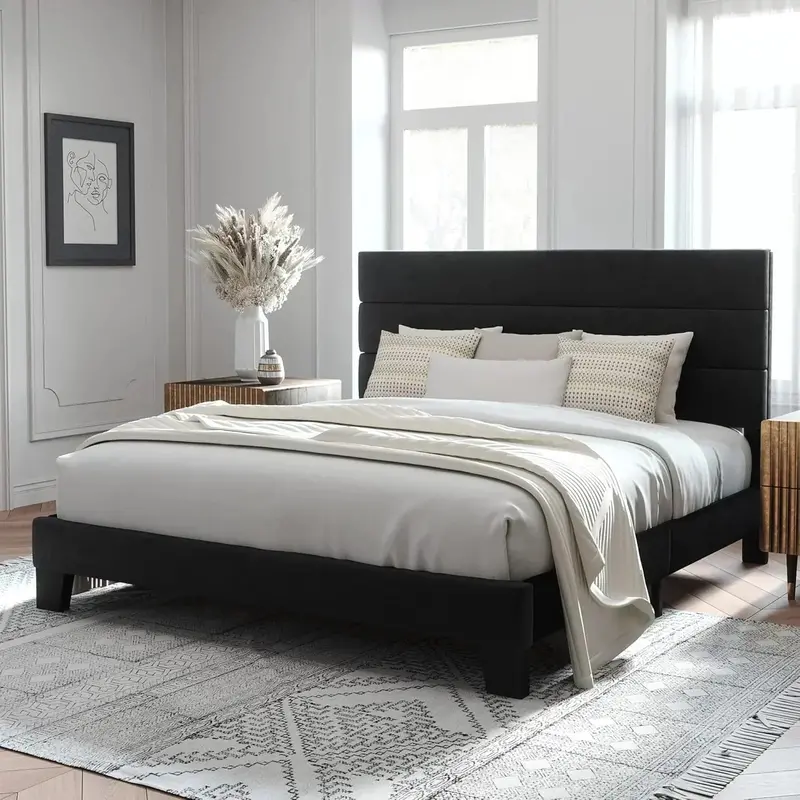 Allewie Queen Platform Bed Frame with Upholstered Headboard and Reinforced Solid Wood Slats