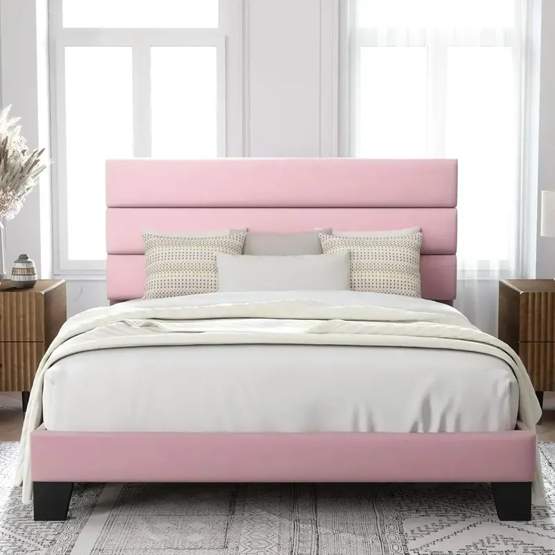 Allewie Queen Platform Bed Frame with Upholstered Headboard and Reinforced Solid Wood Slats