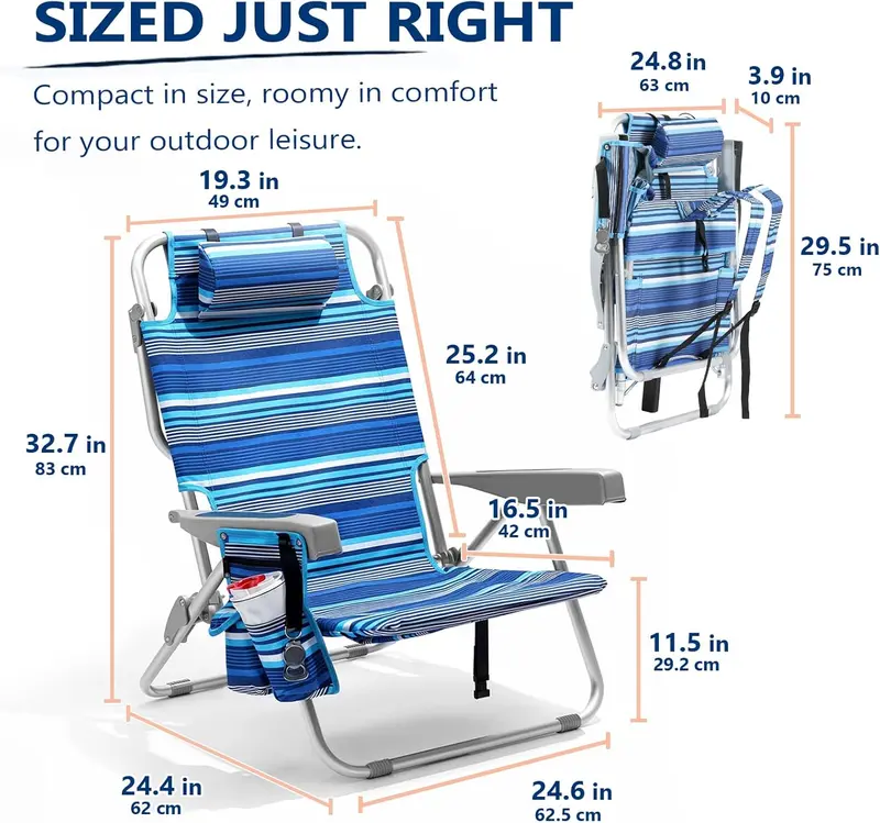 Blue Stripe Tall Aluminum Beach Chairs (2-Pack) – Lay-Flat Design with Cooler Pouch, Towel Bar & Smartphone Holder