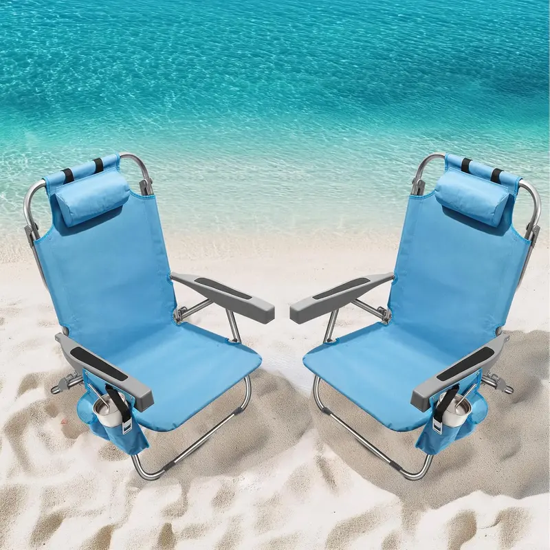 Blue Stripe Tall Aluminum Beach Chairs (2-Pack) – Lay-Flat Design with Cooler Pouch, Towel Bar & Smartphone Holder