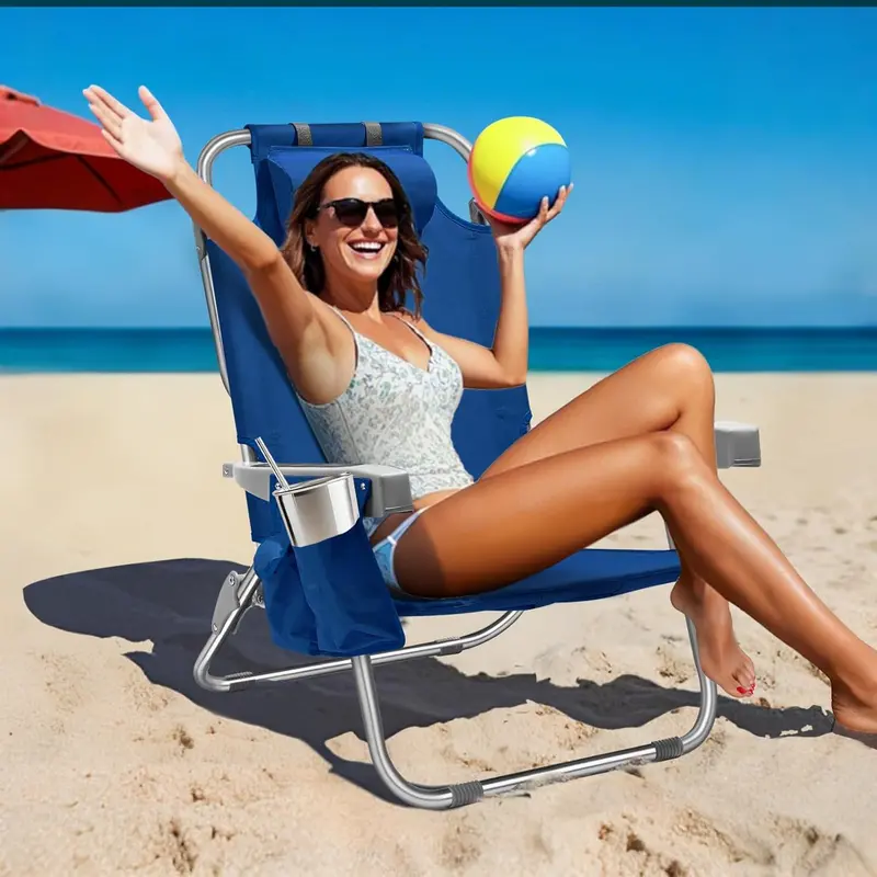 Blue Stripe Tall Aluminum Beach Chairs (2-Pack) – Lay-Flat Design with Cooler Pouch, Towel Bar & Smartphone Holder