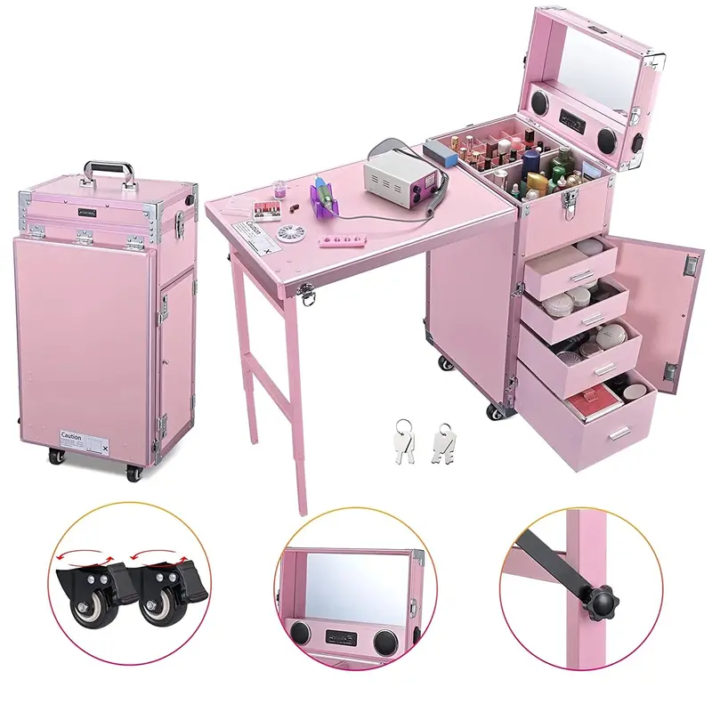 BYOOTIQUE Pink Rolling Nail Cart – Cosmetic Trolley with Adjustable Mirror and Four Organized Drawers 2