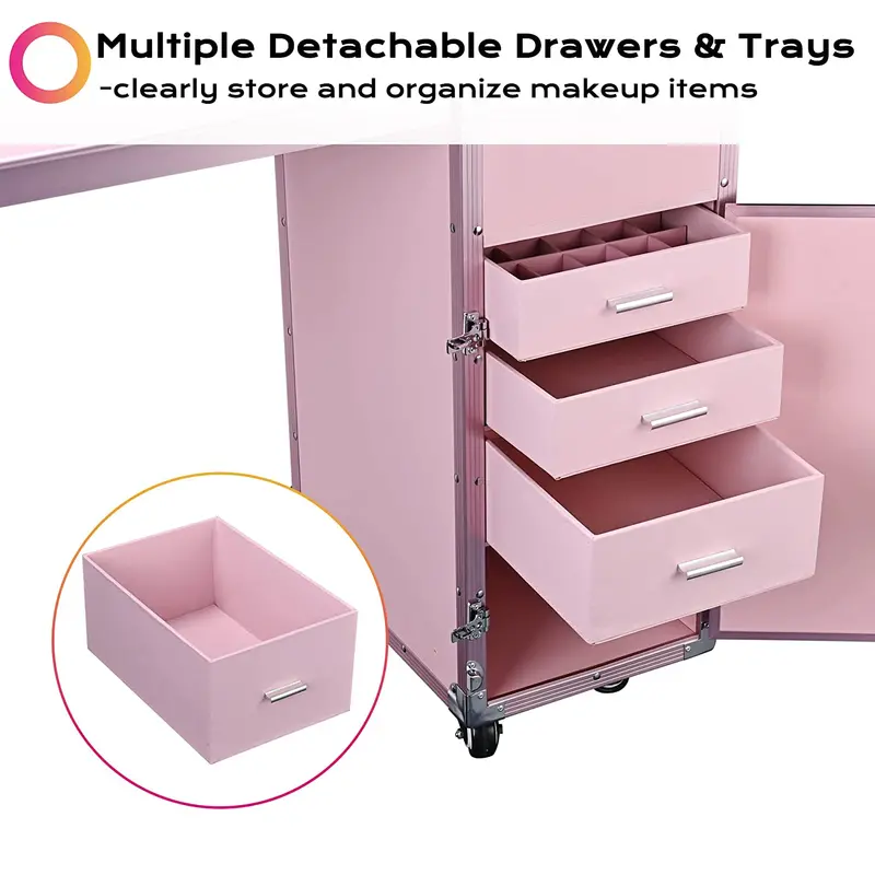 BYOOTIQUE Rolling Nail Art Station – Pink Mobile Makeup Cart Featuring Mirror, 4 Smooth-Glide Drawers