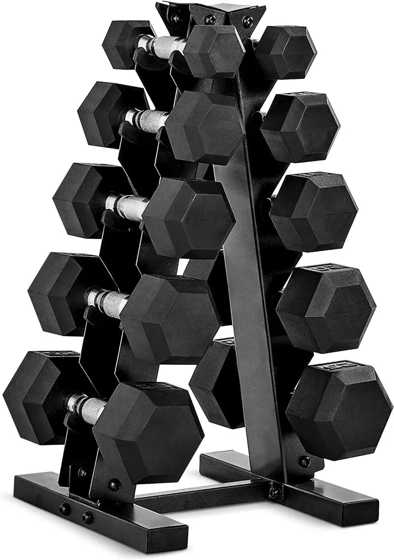 CAP Barbell 150LB Coated Hex Dumbbell Set with Space-Saving Vertical Rack