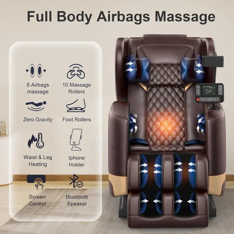 Full-Body Zero Gravity Massage Chair Featuring 10-Point Roller System, Heat Therapy, Bluetooth Audio, and Touchscreen Control