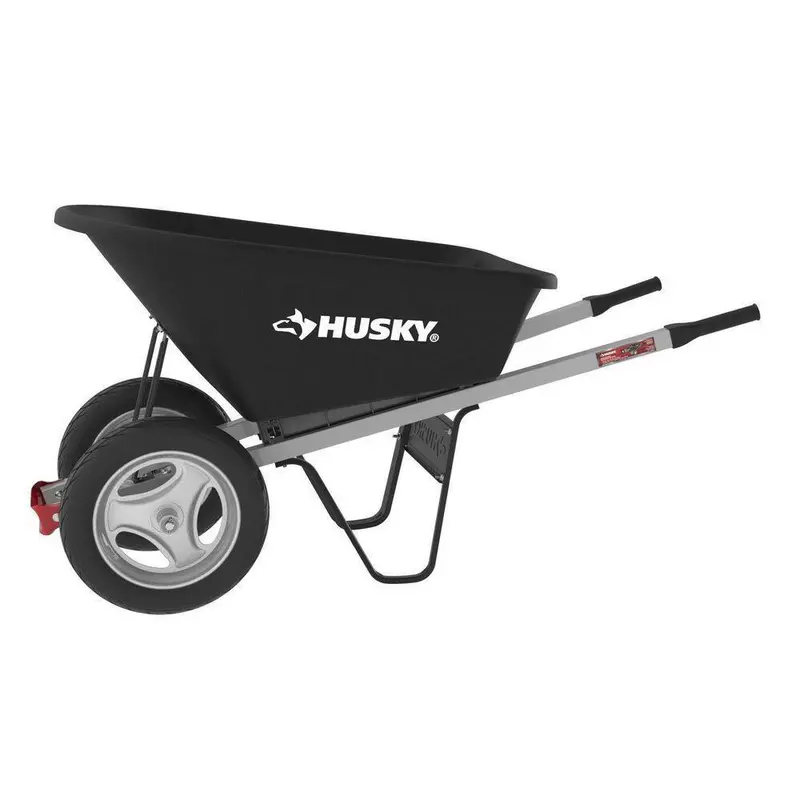 Husky 6-Cubic-Foot Dual-Wheel Poly Wheelbarrow – Flat-Free Tires and Rugged Construction for Heavy-Duty Landscaping