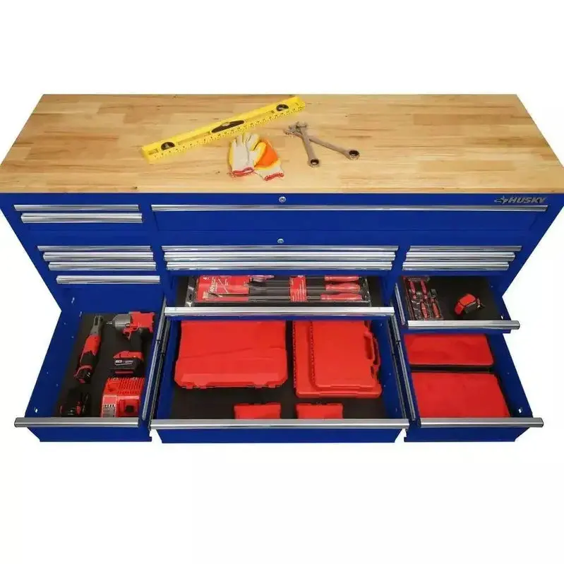 Husky Professional 72-Inch Rolling Workbench – Gloss Blue Finish, Solid Wood Surface, 18-Drawer Tool Organization
