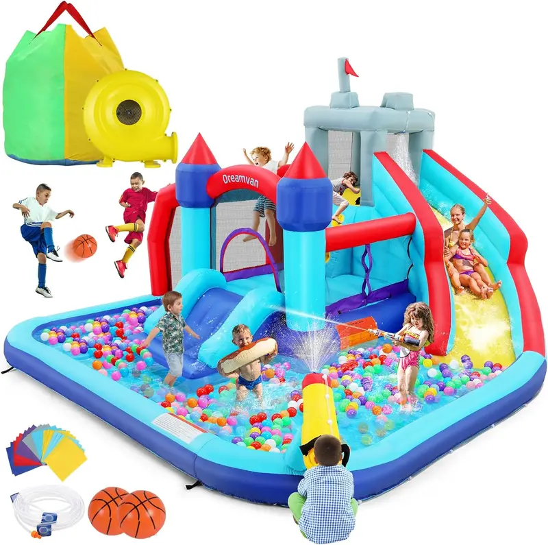Inflatable Backyard Water Play Center – 8-in-1 Kids’ Splash Park Featuring Slide, Bouncer, Pool & More