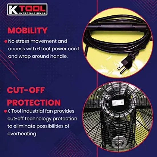K Tool International 42-Inch Belt-Drive Drum Fan – Industrial Garage Fan with Dual-Speed Control, Safety Shutoff, and Mobility Wheels