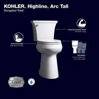 KOHLER Highline Arc Tall-Height 2-Piece Elongated Toilet – Eco-Conscious 1.28 GPF Performance, White with Coordinated Seat Assembly