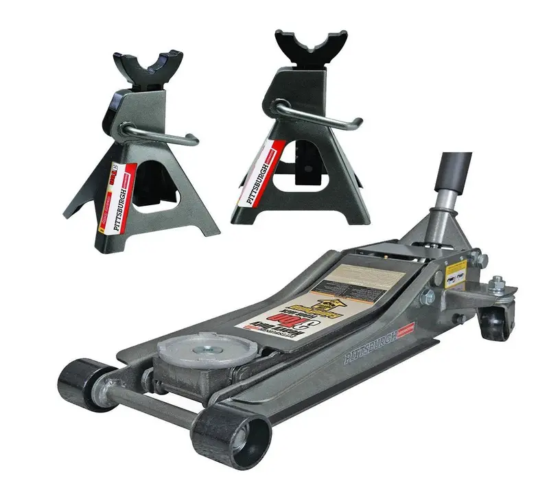 Pittsburg 3-Ton Low-Profile Floor Jack Kit – Rapid-Pump Lift Mechanism with Matching Pair of Safety Jack Stands