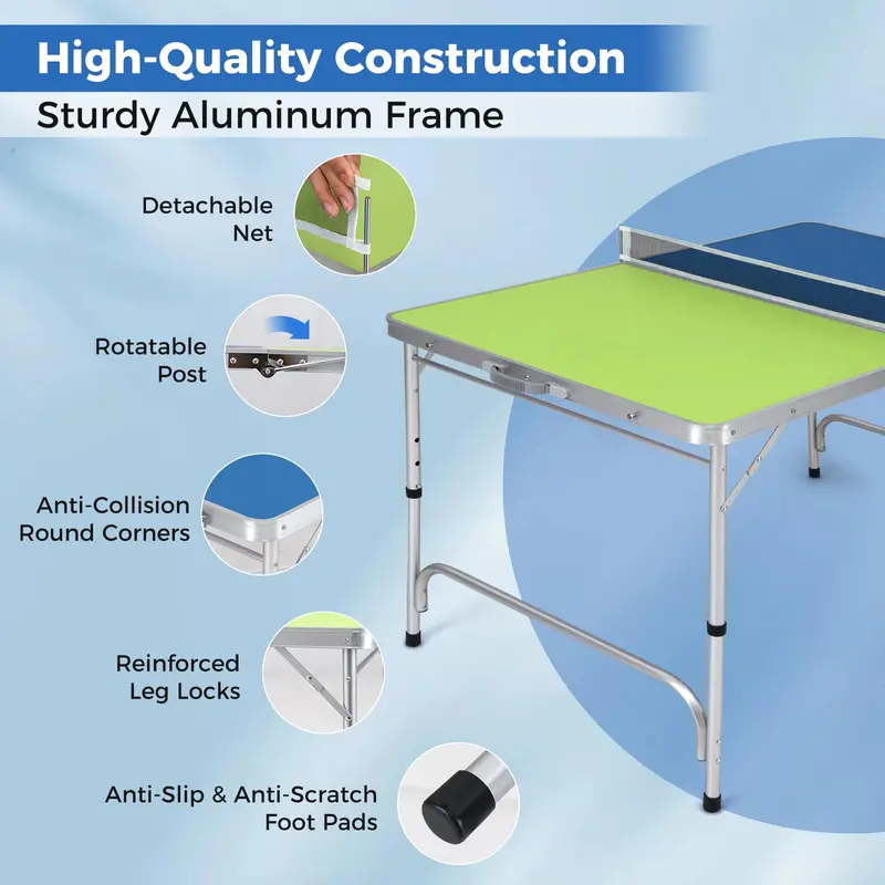 Pre-Assembled Foldable Ping Pong Table – Comes with Adjustable Net and Dual-Color Paddles (47" Blue/Green)