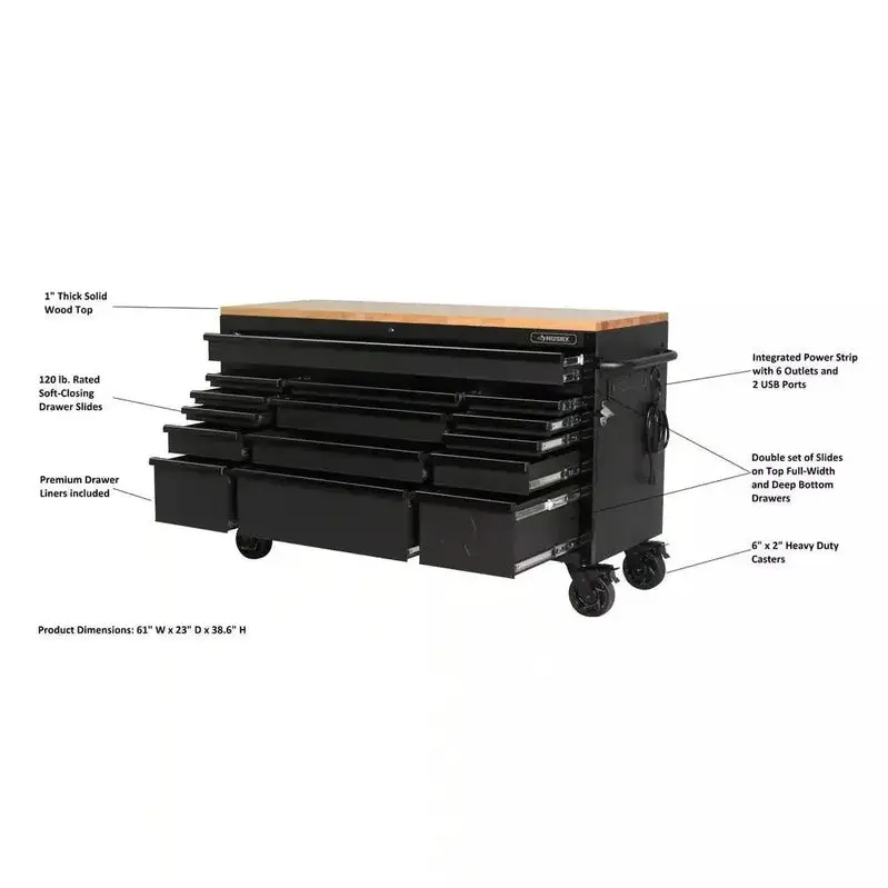 Professional 61" Rolling Workbench – 15-Drawer Storage System with Reinforced Solid Wood Top