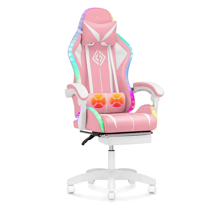 RGB LED Gaming Chair with Built-In Massage – Ergonomic High-Back Recliner with Extendable Footrest, Customizable Lumbar Support, and Light Blue/White Accent Trim