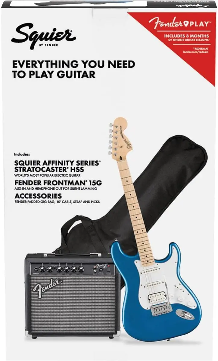 Squier Affinity Stratocaster HSS Electric Guitar Pack – Lake Placid Blue, Maple Fingerboard, Gig Bag & Starter Accessories